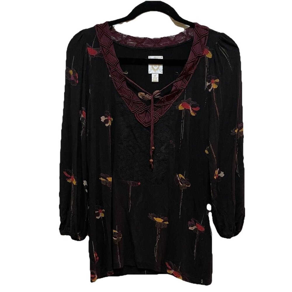 RIC RAC Black Floral Tassel V-neck 3/4 Length Sleeve Boho Whimsigoth Blouse Sz S